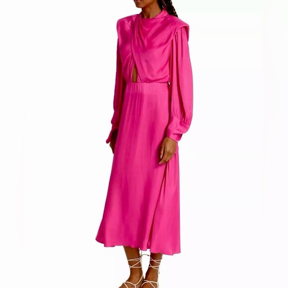 SOLD FARM Rio Pink Shoulderpads Maxi Dress Satin Like Cutout Size XL - Picture 7 of 15